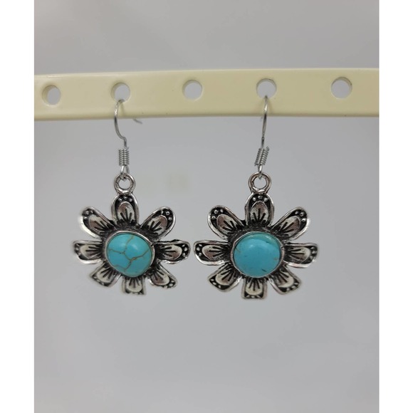 Turquoise Flower Drop Earrings - Picture 2 of 3